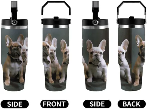 Vista 5 de French Bulldog Puppies Tumbler with Handle 30oz Vacuum Insulated Stainless Steel Water Bottle Leakproof Hot Coffee Travel Mug Iced Coffee Cup