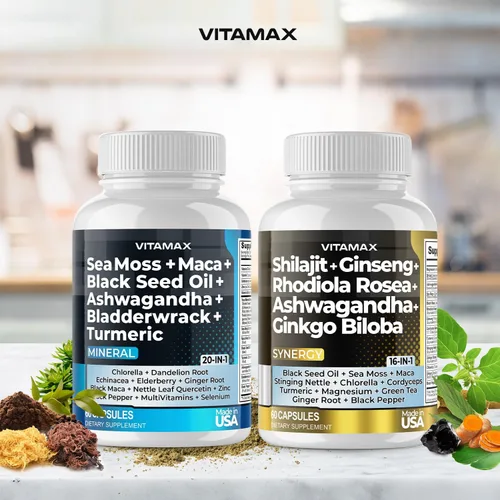 Vista 3 de Vitamax Suplemento puro de shilajit del Himalaya, musgo marino, ashwagandha, vejiga, gingko biloba, cápsulas orgánicas y oligoelementos minerales