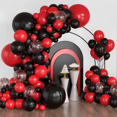 Vista 10 de Lukiituke Kit de arco de globos rojos, negros y dorados, 114 globos rojos, negros y dorados, 4 tamaños para cumpleaños, fiestas temáticas de casino