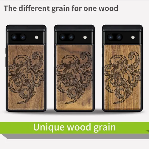 Vista 7 de Carveit Funda de madera para Pixel 6a [madera natural y TPU suave negro] a prueba de golpes, funda de madera única compatible con Google Pixel 6a