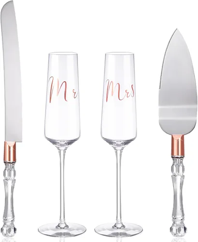 Vista 8 de Boao Juego de 4 Copas de Brindis de Boda y Servidor de Pastel, Suministros para Recepción de Boda, Copas de Champán, Cuchillo para Pastel, Servidor