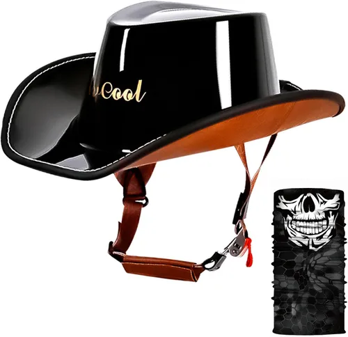 Vista 9 de Medio casco retro con cara abierta, estilo sombrero de vaquero, aprobado por DOT, hebilla y forro de liberación rápida para adultos