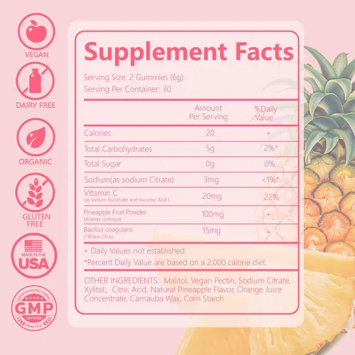 Vista 2 de Gomitas de equilibrio femenino prémium para el equilibrio de pH y salud vaginal, probióticos, piña hawaiana, gomitas femeninas para mujeres, área