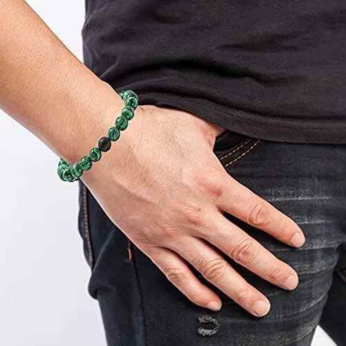 Vista 3 de INENIMARTJ 2 pulseras de obsidiana negra con terapia magnética de hematita de malaquita para hombres y mujeres, pulsera de triple protección