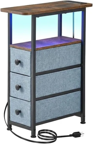 Vista 9 de DALEMHOME Mesa auxiliar estrecha con estación de carga, mesa auxiliar estrecha con cajón, mesita de noche pequeña con luz LED, mesita de noche Negro