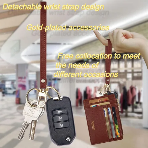 Vista 6 de Wikavanli Funda delgada para tarjetas de crédito con bloqueo Rfid para mujer, cartera con cremallera, cartera pequeña y compacta de cuero