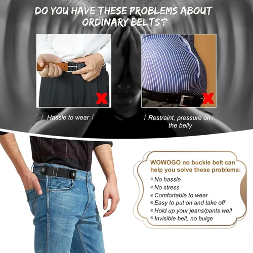 Vista 5 de Paquete de 2 cinturones sin hebilla para hombres y mujeres, cinturón lateral, elástico, ajustable, invisible, se adapta a trabillas de cinturón