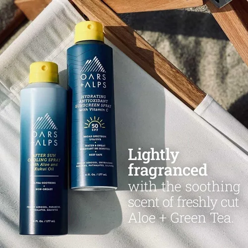 Vista 3 de Oars + Alps Spray After Sun Care con aloe vera, aceite de kukui y aroma de niacinamida y té verde para refrescar naturalmente la piel, hidratante