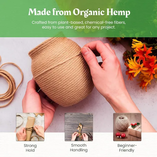 Vista 6 de Cordel de cáñamo para jardinería - Cordel para manualidades - Cuerda de cáñamo orgánico natural para hacer joyería - Cordón fuerte y duradero
