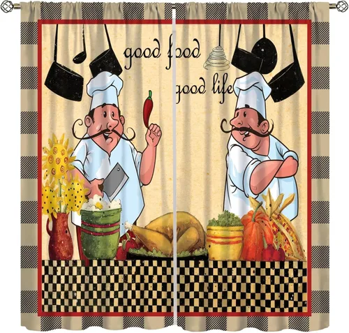 Vista 8 de Cortinas de chef para ventana, juego de 2 paneles para dormitorio y sala de estar, 42 x 45 pulgadas, a cuadros, cortinas temáticas de cocina