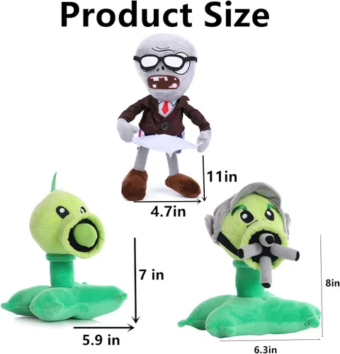 Vista 3 de JHESAO Juego de 3 piezas de plantas y zombis de peluche de zombis, guisante de juguete de zombis, 1 2 muñecos de guisante Gatling suave, muñeco