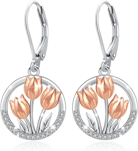 Vista 293 de Aretes colgantes de plata de ley con diseño de árbol de la vida, flor, abeja, animales, gato, colibrí, piedra lunar, turquesa, aretes con cierre