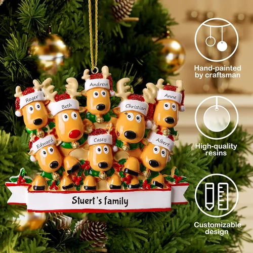 Vista 3 de Adornos de Navidad personalizados de ciervo, familia de 2, 3, 4, 5, 6, 7, 8 – Adorno de Navidad personalizable con nombre de reno, texto para árbol