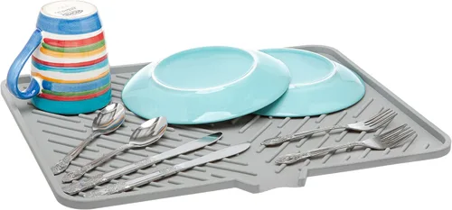 Vista 8 de Luxet Alfombrilla de silicona para secar platos con borde de drenaje integrado, almohadilla de secado higiénica, bandeja resistente compacta y fácil
