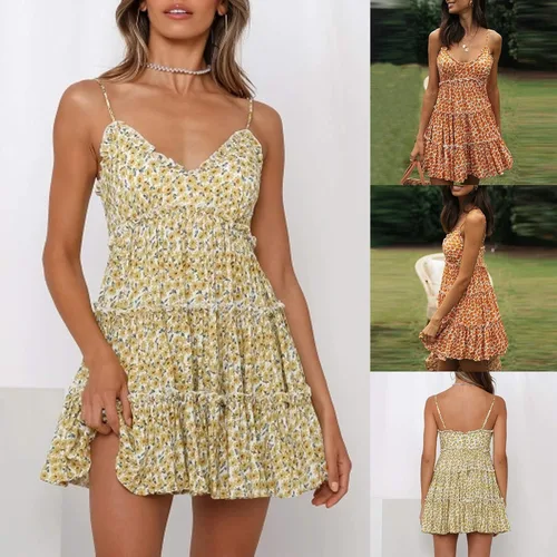 Vista 6 de Vestido de playa sexy para mujer, cuello en V, floral, tirantes delgados, vestido de verano, acampanado, vestido de cóctel