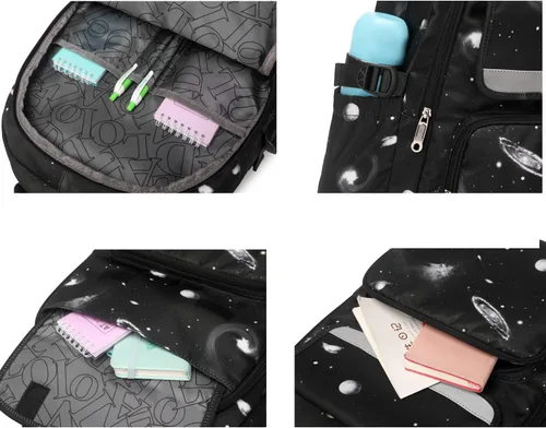 Vista 6 de Mochila escolar para niños, bolsa de libros para el espacio exterior con lonchera 3 en 1, Con color, Mochilas Daypack