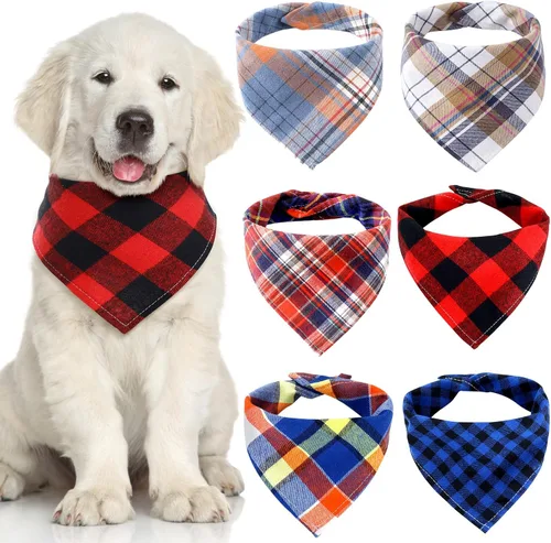 Vista 10 de Honoson 6 pañuelos triangulares para perro, bufanda para perro, bufanda con estampado a cuadros, baberos ajustables, lavables, juego de bandana