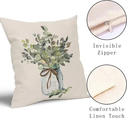 Vista 3 de Juego de 2 fundas de almohada de hojas de eucalipto verdes de 18 x 18 pulgadas, para primavera y verano, para sofá, estilo granja, acuarela