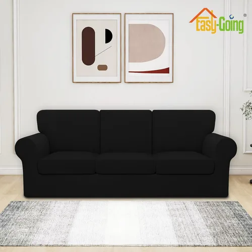 Vista 2 de Easy-Going - Funda elástica para sofá (7 piezas), tamaño XL, color negro Juego de funda de sofá lavable para 3 cojines de respaldo y asiento