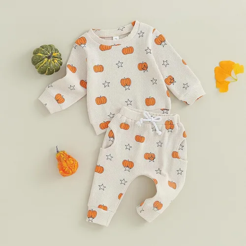 Vista 3 de Kayotuas Conjunto de camisa y pantalones de manga larga con cuello redondo para bebé, disfraz de calabaza, fantasma, calabaza, fantasma, camiseta