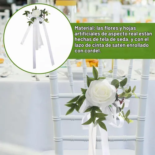 Vista 2 de FQQWEE - 6 piezas de decoración para sillas de pasillo de boda, rosas blancas, flores de respaldo de silla de boda con hojas y cintas, silla