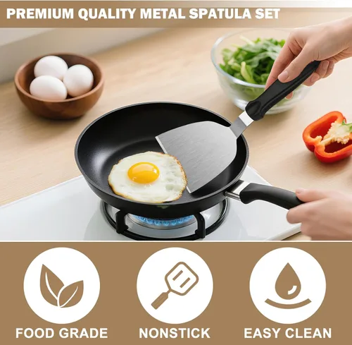 Vista 2 de Juego de 4 espátulas de acero inoxidable, espátula sólida y ranurada con raspador de media luna, utensilios de cocina de metal para cocinar, voltear