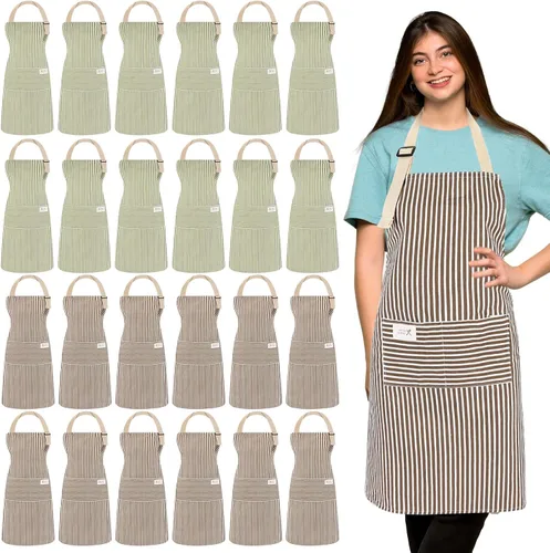Vista 11 de Janmercy 24 delantales para mujeres y hombres con 2 bolsillos, delantal de cocina de lino, delantal ajustable para chef, delantales a granel unisex