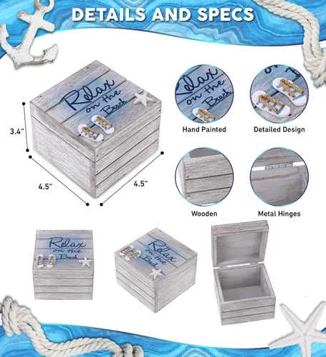 Vista 2 de CoTa Global Aqua Sky Relax Caja de madera Baratija náutica mediana hecha a mano con sandalias y decoración de estrellas de mar, decoración de mesa