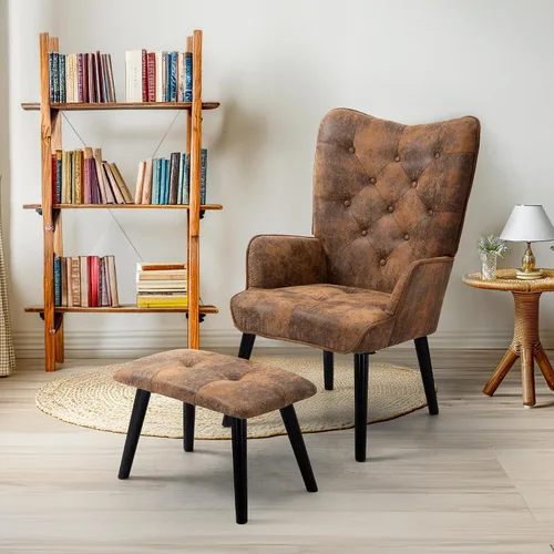 Vista 7 de ECOTOUGE Silla decorativa rústica con otomana, silla de respaldo de ala de microfibra alta con brazos, silla de lectura para sala de estar