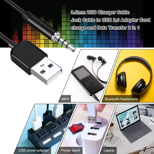 Vista 3 de Adaptador de audio USB a conector de 0.138 in, conector de audio AUX macho a USB 2.0 macho cable adaptador de cable de carga para iPod Shuffle MP3