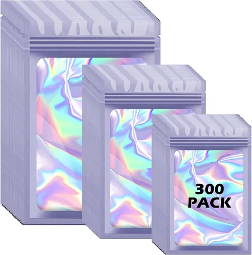 Vista 18 de 300 bolsas holográficas de mylar, 3 tamaños, bolsas a prueba de olores con ventana transparente, bolsas de papel de aluminio resellables