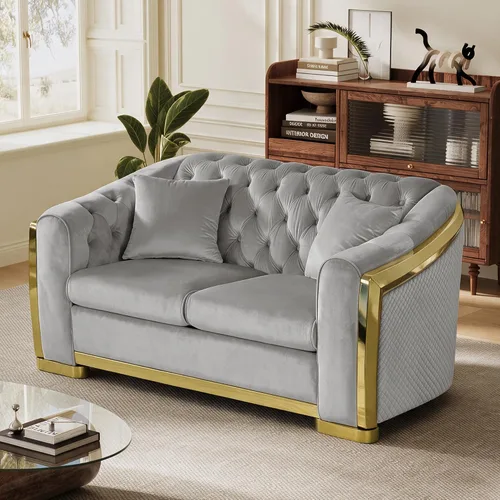 Vista 21 de DAMAIFROM Sofá Chesterfield moderno de mediados de siglo, sofá de terciopelo de 62" blanco y dorado, sofá biplaza curvo de lujo para sala de estar