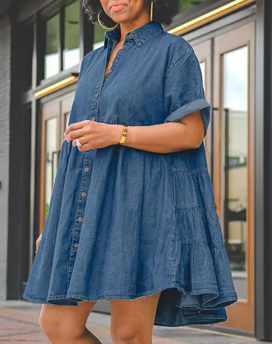 Vista 3 de Vestido de mezclilla para mujer, vestido de verano con botones y volantes