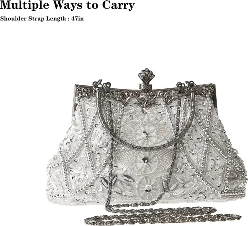 Vista 4 de Bolso de mano de estilo vintage con cuentas florales y strass para mujer, con bordado de lentejuelas, bandolera para novia, boda, fiesta