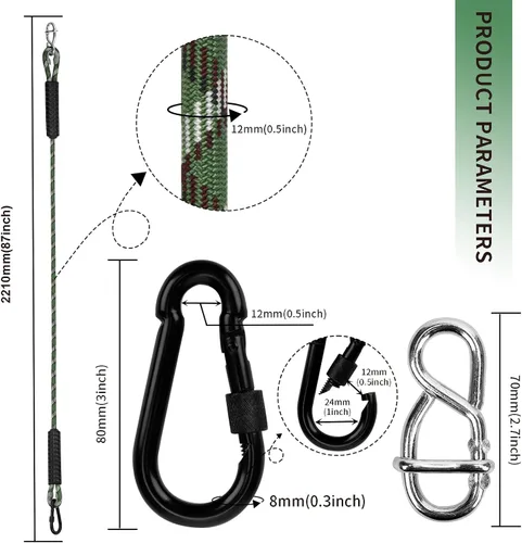 Vista 2 de Hamaca de cuerda de columpio de árbol resistente, correas ajustables extensibles para colgar, mosquetones de 1000 libras para todos los columpios