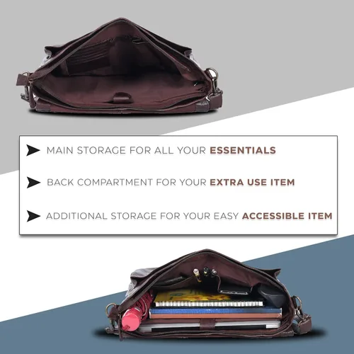 Vista 4 de Bolso de mensajero de cuero real para hombres y mujeres Maletín para laptop para oficina, universidad, correa de hombro ajustable