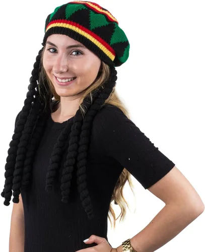 Vista 2 de Funny Party Hats Sombrero de rasta con bloqueo de temor como pelo largo negro - Peluca Rasta con gorro accesorio de disfraz