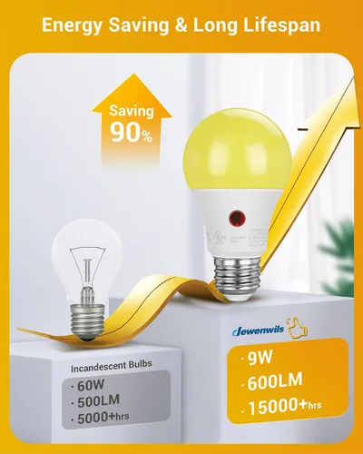 Vista 5 de DEWENWILS Bombilla LED A19 para exteriores del anochecer al amanecer, bombillas amarillas para exteriores, brillo ámbar de 2000 K, equivalente a 9 W