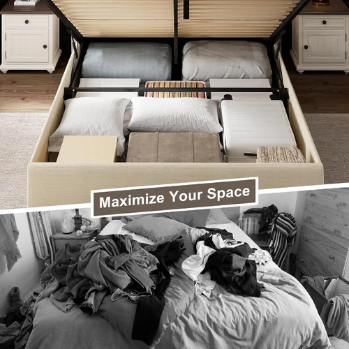 Vista 3 de Einhomn Cama de almacenamiento elevable de tamaño completo con cabecera de ala, marco de cama tapizado de lino con soporte de listones de madera