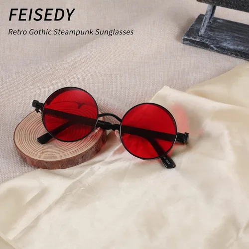 Vista 5 de FEISEDY Gafas de sol steampunk góticas retro con marco de metal redondo estilo punk y círculo para hombre B1857