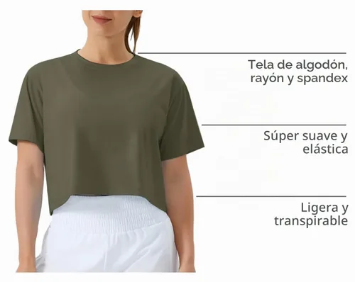 Vista 4 de THE GYM PEOPLE - Camiseta de entrenamiento para mujer, manga corta, básica, recortada, deportiva, de yoga, para correr, estilo boxy Verde militar