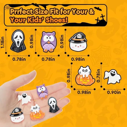 Vista 2 de Dijes de decoración de zapatos de Halloween para Crock, paquete de 32 dijes de resina para zapatos de zuecos y sandalias, pulseras, accesorios