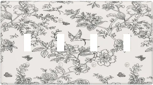 Vista 104 de Cubierta de tomacorriente eléctrico dúplex individual estilo campestre con diseño floral de flores y pájaros en blanco y negro, placa de pared de 1