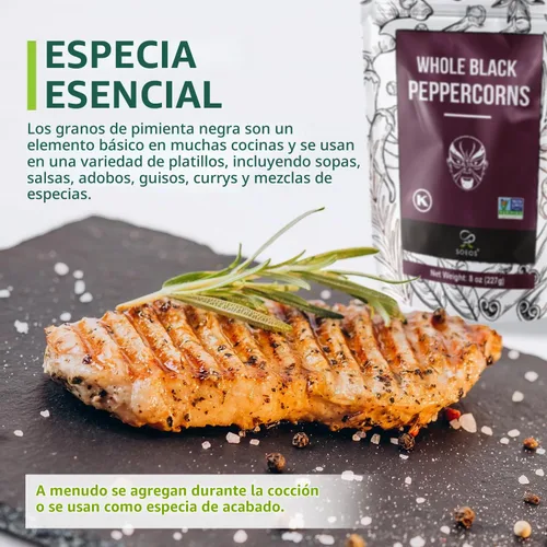 Vista 9 de Soeos Granos de pimienta negra, 8 onzas (paquete de 1), sin OGM, kosher, empacados para mantener los granos de pimienta frescos, pimienta