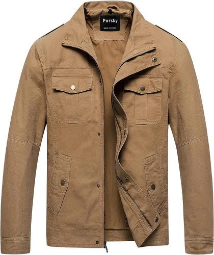 Vista 18 de Pursky Chaqueta Militar de Hombre Chaqueta de Algodón Lavado Casual con Capucha de Lienzo Abrigo de Otoño