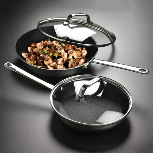 Vista 3 de Scanpan Stratanium+ - Juego de sartenes antiadherentes de acero inoxidable de 9.5 y 11 pulgadas con tapas, Maitre D', fabricado en Dinamarca