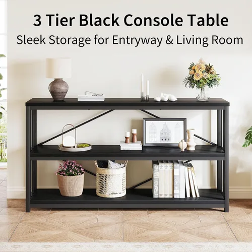 Vista 6 de LVB Mesa consola negra, mesa de entrada moderna para pasillo y sala de estar, mesa de sofá industrial detrás del sofá, mesa de entrada de madera