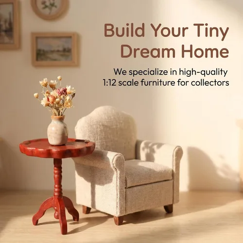 Vista 6 de Mesa auxiliar de casa de muñecas en miniatura, a escala 1:12, muebles de madera, mesa de té lateral redonda, modelo para casa de muñecas, sala