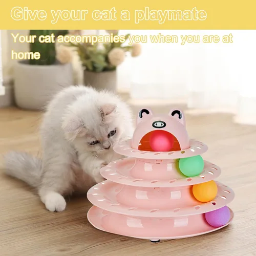 Vista 6 de Gefryco Cat Toys - Pista de rodillos de 4 niveles, juguete de torre giratoria para gatos con pelotas de persecución coloridas, juguetes interactivos