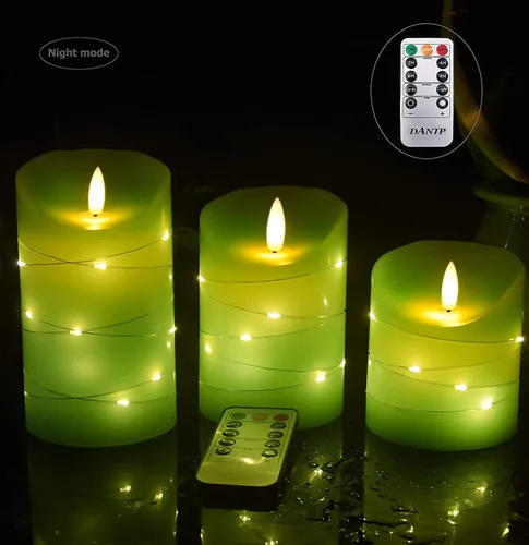 Vista 3 de DANIP - Vela LED verde sin llama con cuerda de estrella integrada, juego de 3 velas LED, con control remoto de 11 botones, función de temporizador
